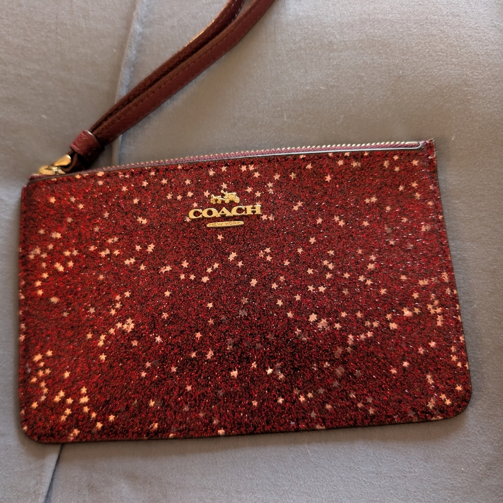 Coach Red Oxblood Burgandy Glitter Star Wristlet EUC